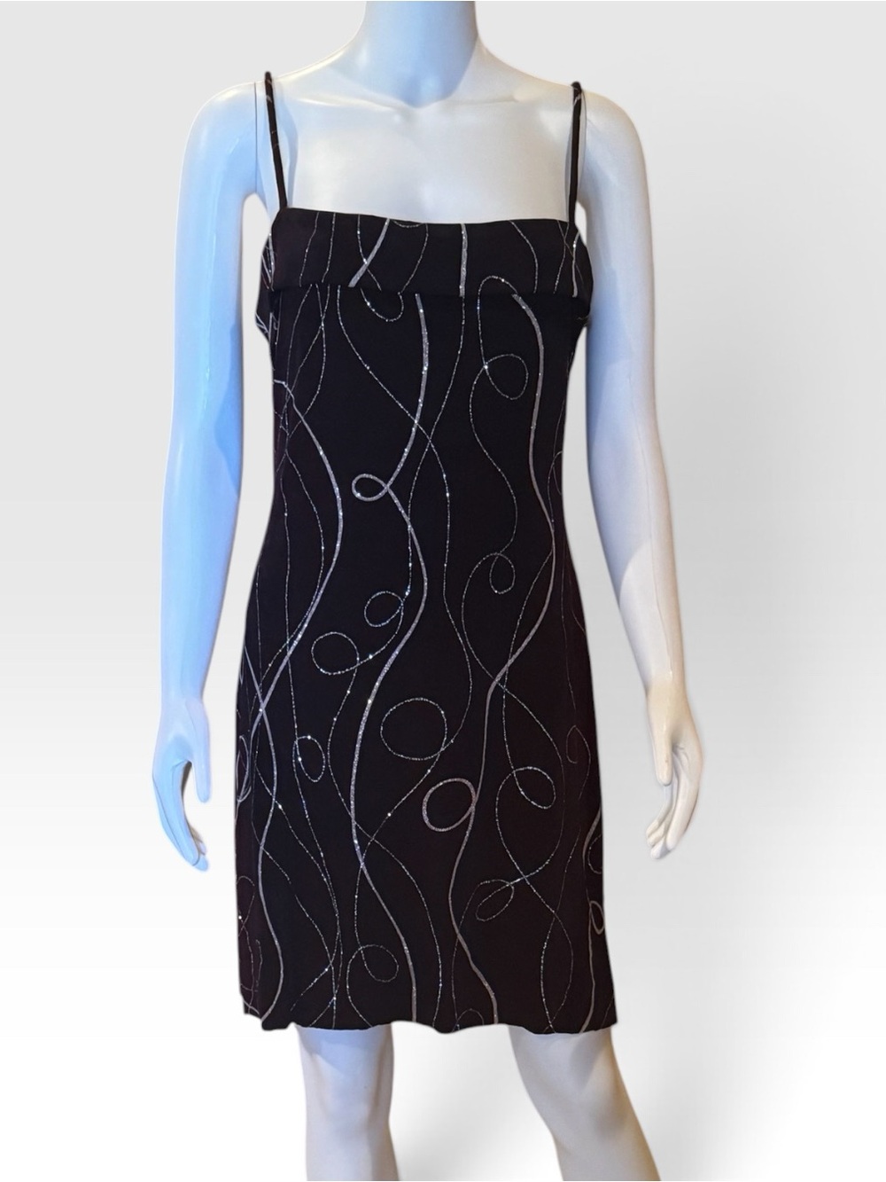 Black Spaghetti Strap Dress with Silver Swirl Accents